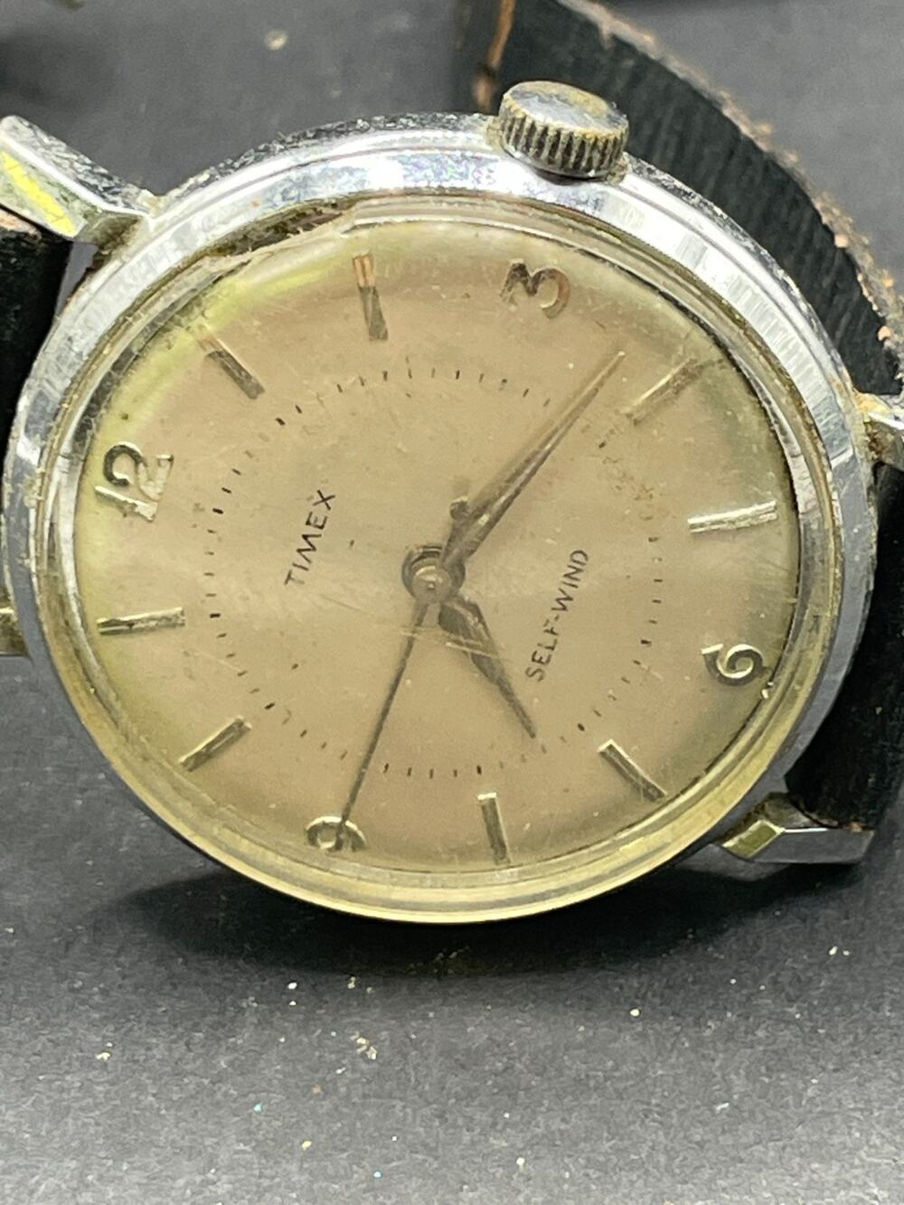 Vintage Timex Viscount Self Wind Watch White Dal Black Leather Band 36mm